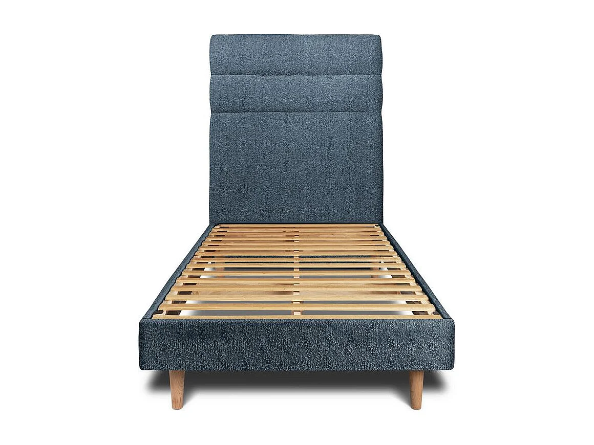 Lit 90x190cm avec tête de lit lignes bouclette et sommier kit Bleu - Hauteur totale : 29cm