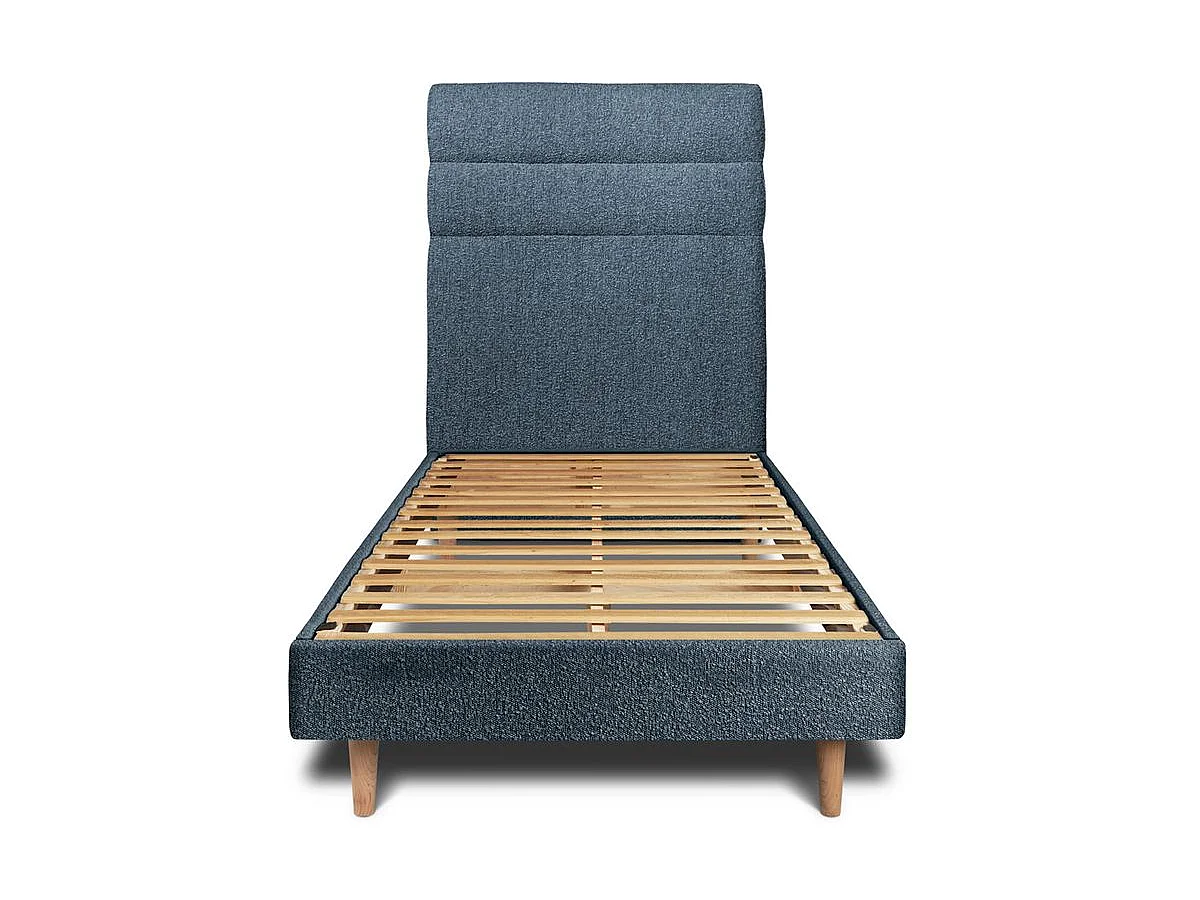 Lit 90x190cm avec tête de lit lignes bouclette et sommier kit Bleu - Hauteur totale : 29cm