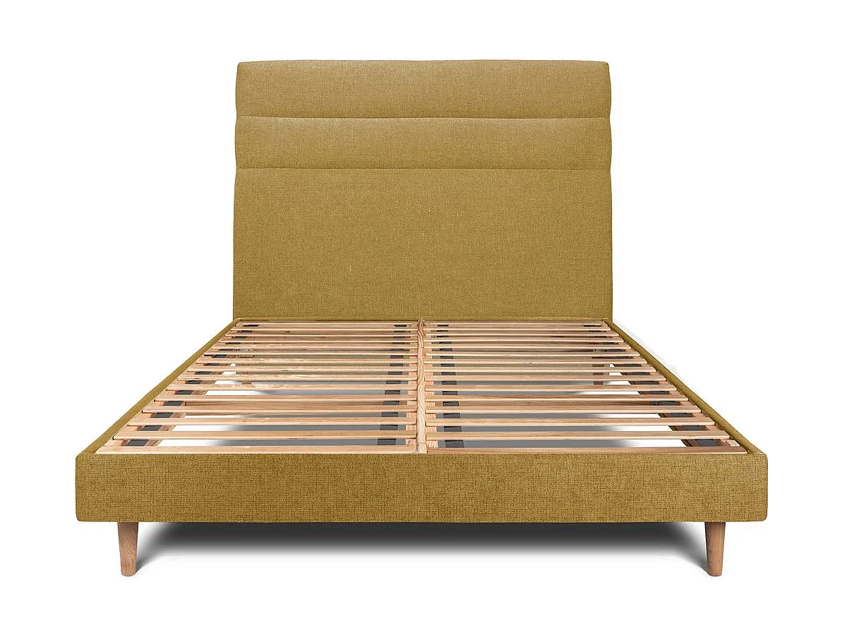 Lit 140x200cm avec tête de lit lignes tissu et sommier kit jaune - Hauteur totale : 29cm