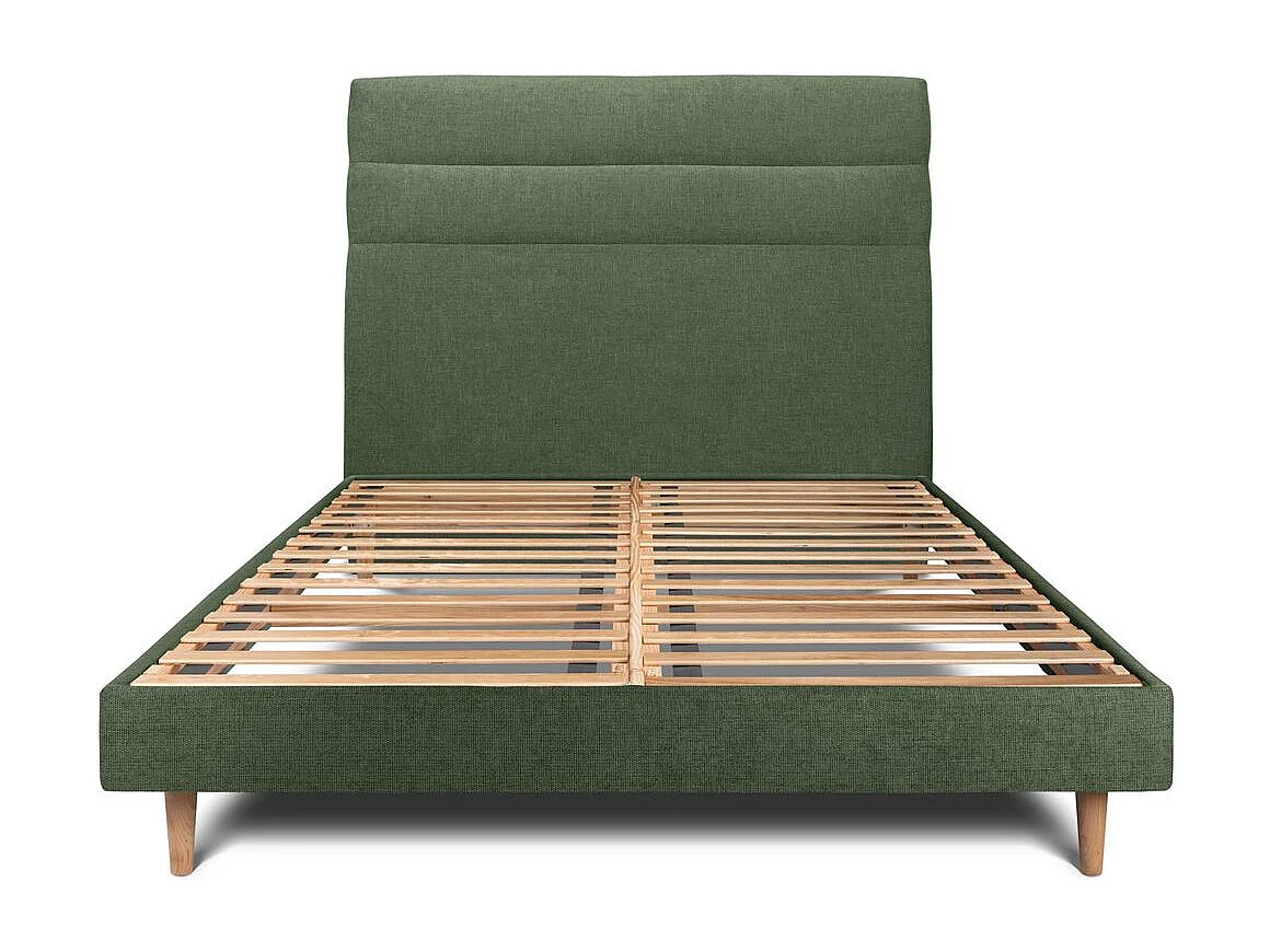 Lit 140x200cm avec tête de lit lignes tissu et sommier kit vert - Hauteur totale : 29cm