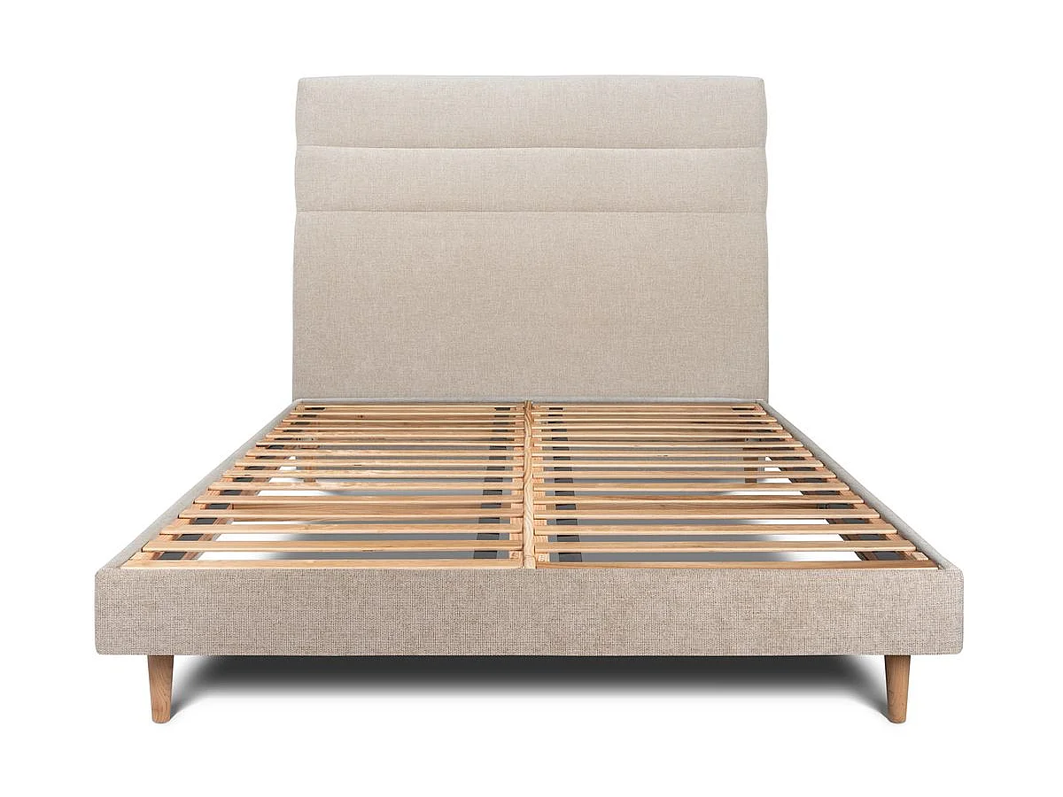 Lit 140x200cm avec tête de lit lignes tissu et sommier kit beige brun - Hauteur totale : 29cm