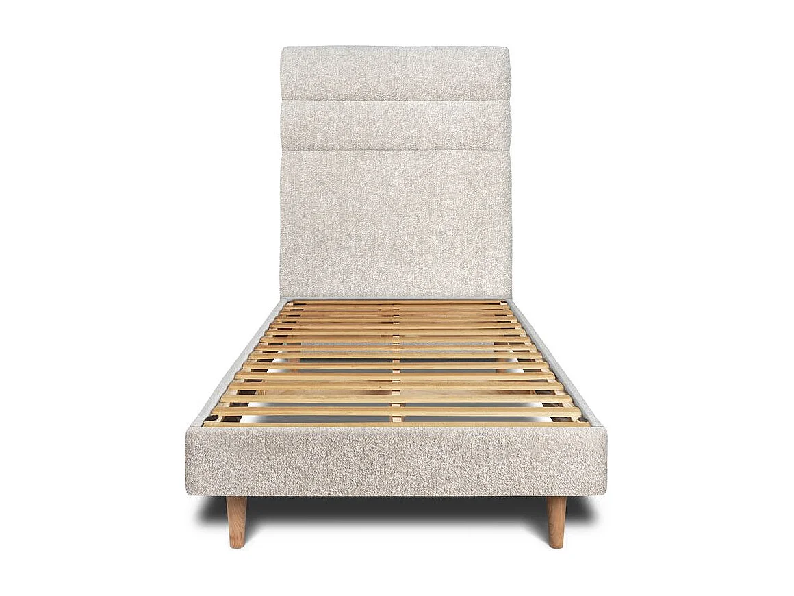 Lit 90x190cm avec tête de lit lignes bouclette et sommier kit Beige - Hauteur totale : 29cm