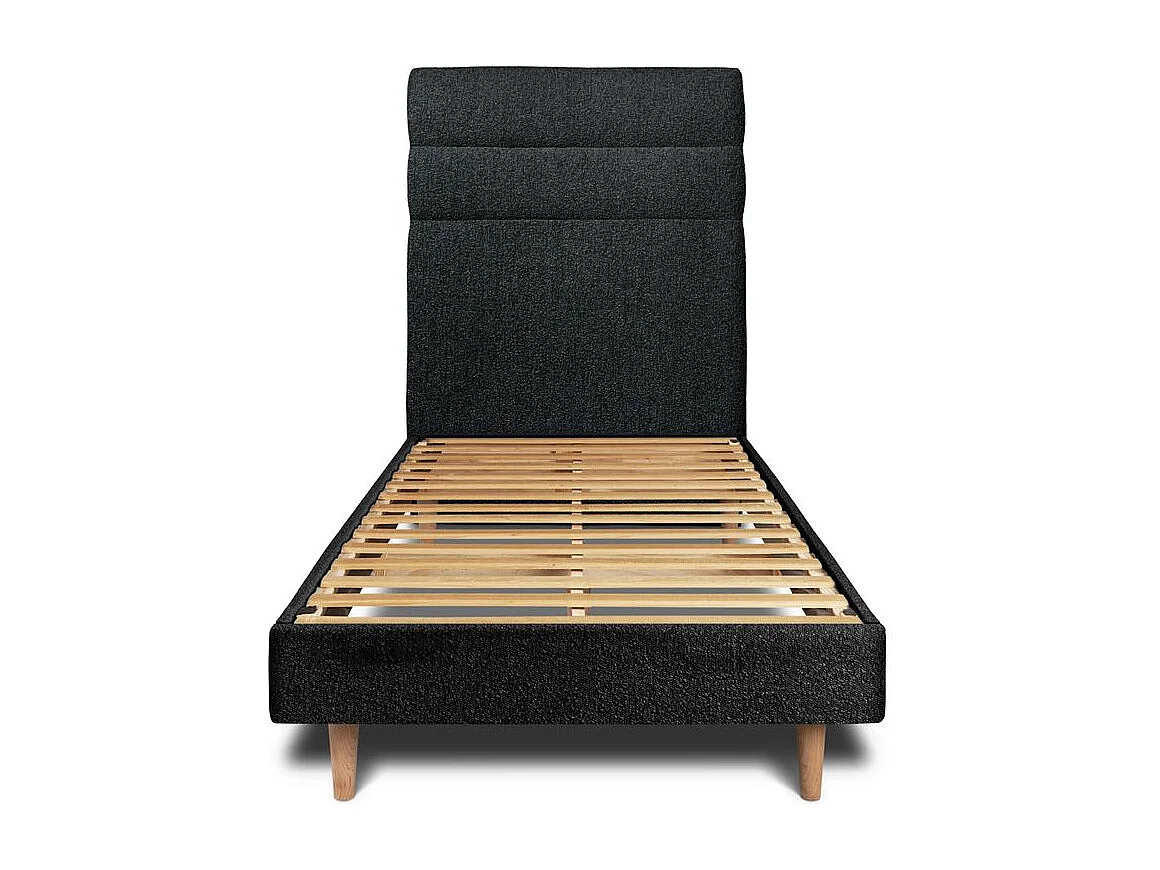 Lit 90x190cm avec tête de lit lignes bouclette et sommier kit Noir - Hauteur totale : 29cm