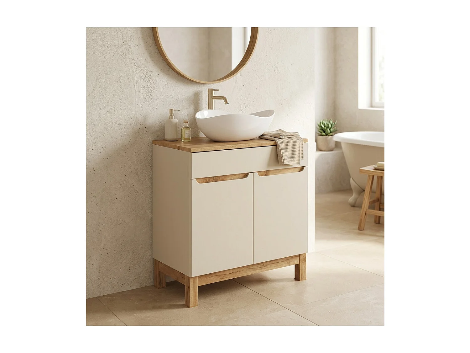 Badkamerset ERMANO kasjmier en eikenlook 80cm: onderkast + wastafelblad