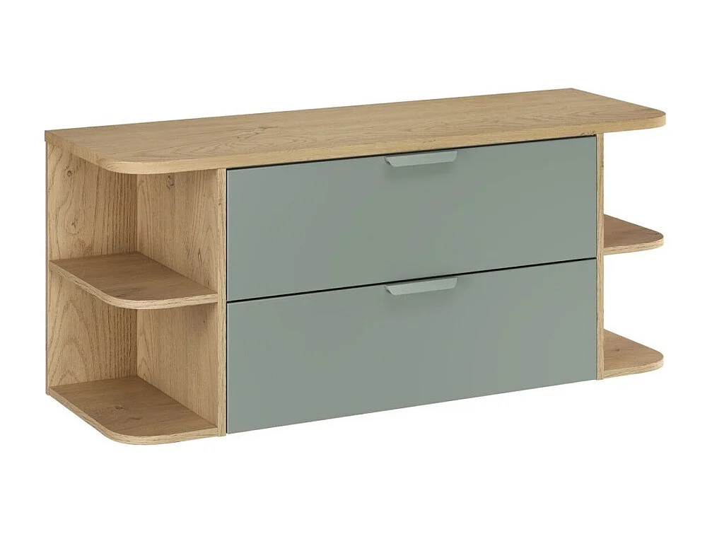Conjunto OSTER 120cm: muebles bajo lavabo con cajones en verde salvia y nichos visibles redondeados + encimera para lavabo con aspecto de roble claro