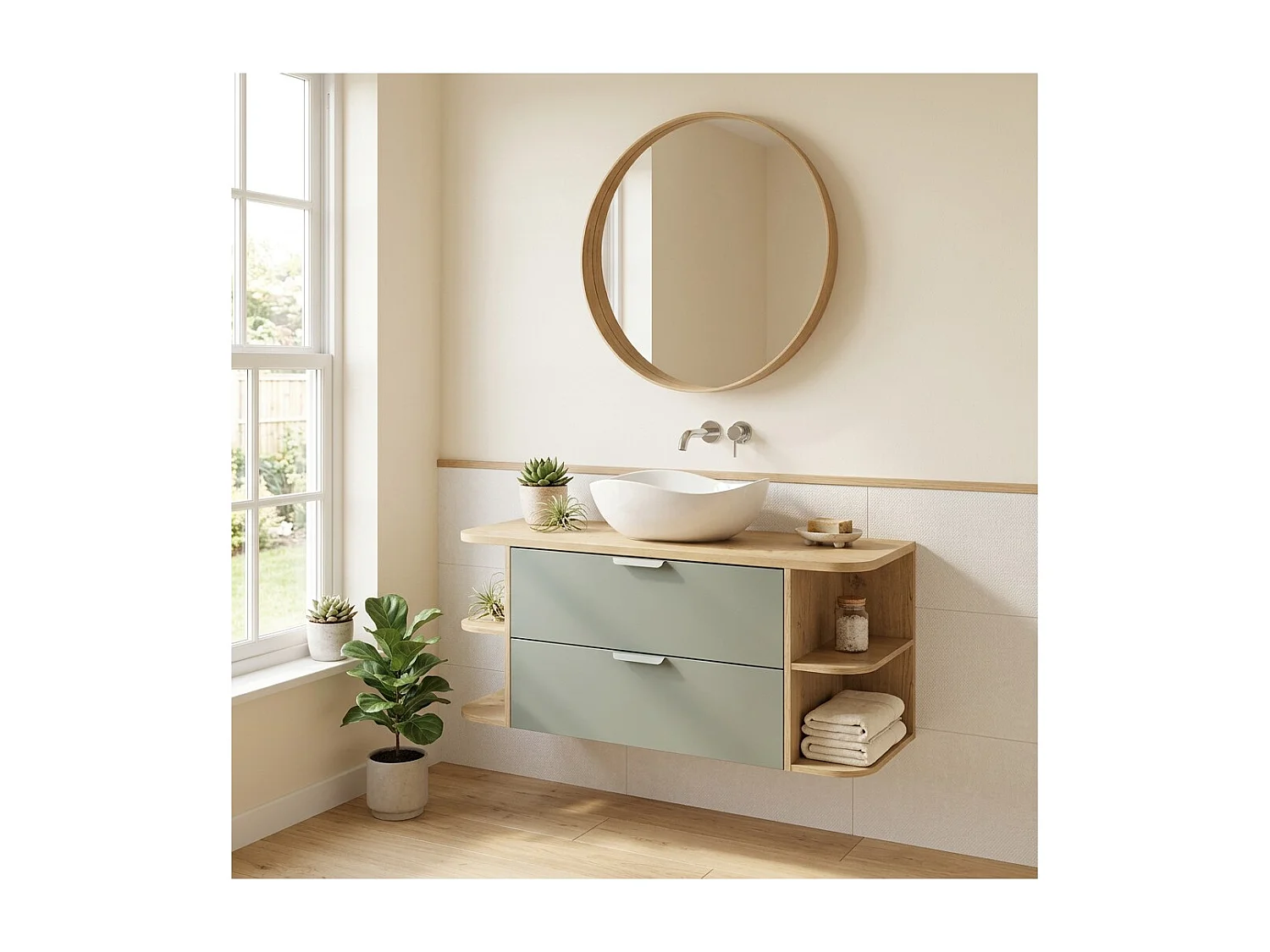 Conjunto OSTER 120cm: muebles bajo lavabo con cajones en verde salvia y nichos visibles redondeados + encimera para lavabo con aspecto de roble claro