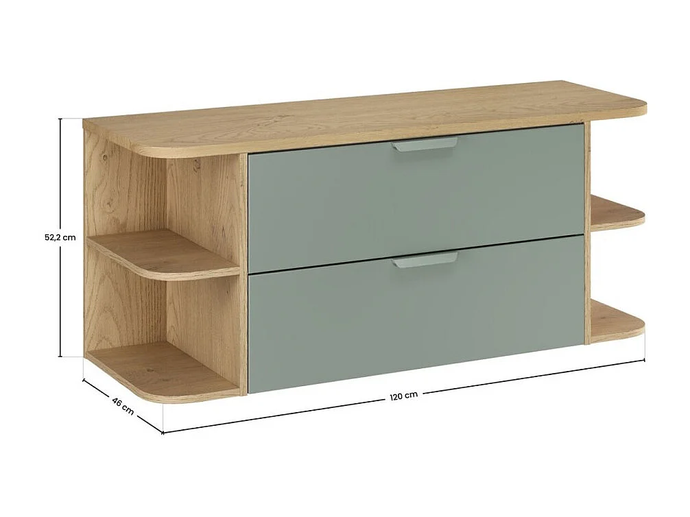 Conjunto OSTER 120cm: muebles bajo lavabo con cajones en verde salvia y nichos visibles redondeados + encimera para lavabo con aspecto de roble claro