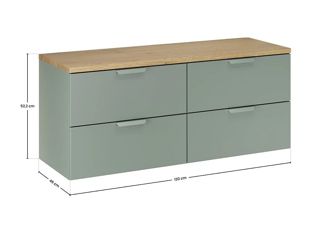 Conjunto para baño OSTER 120cm: muebles bajo lavabo con cajones verde salvia + encimera para lavabo efecto roble claro