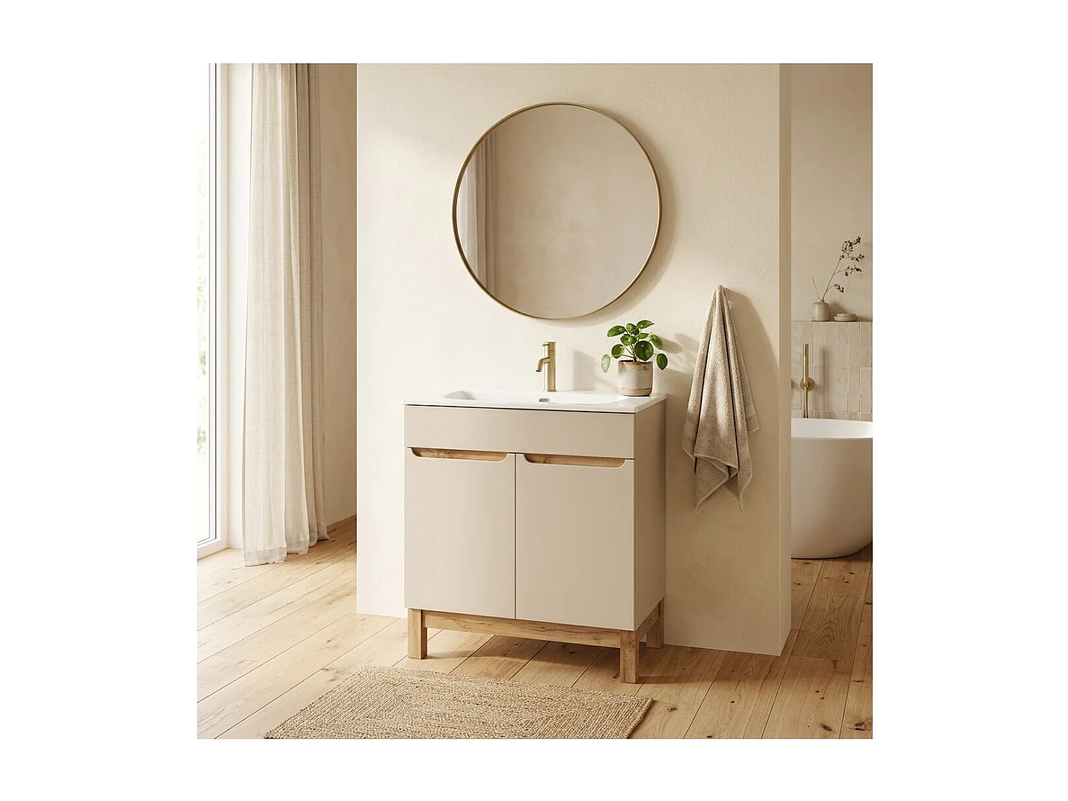 Badkamerset ERMANO kasjmier en eikenlook 80cm: onderkast + ingebouwde witte wastafel