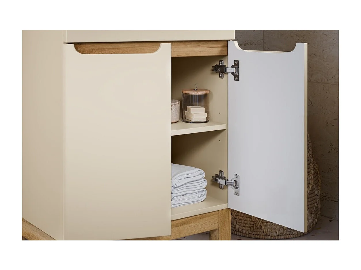 Badkamerset ERMANO kasjmier en eikenlook 80cm: onderkast + ingebouwde witte wastafel