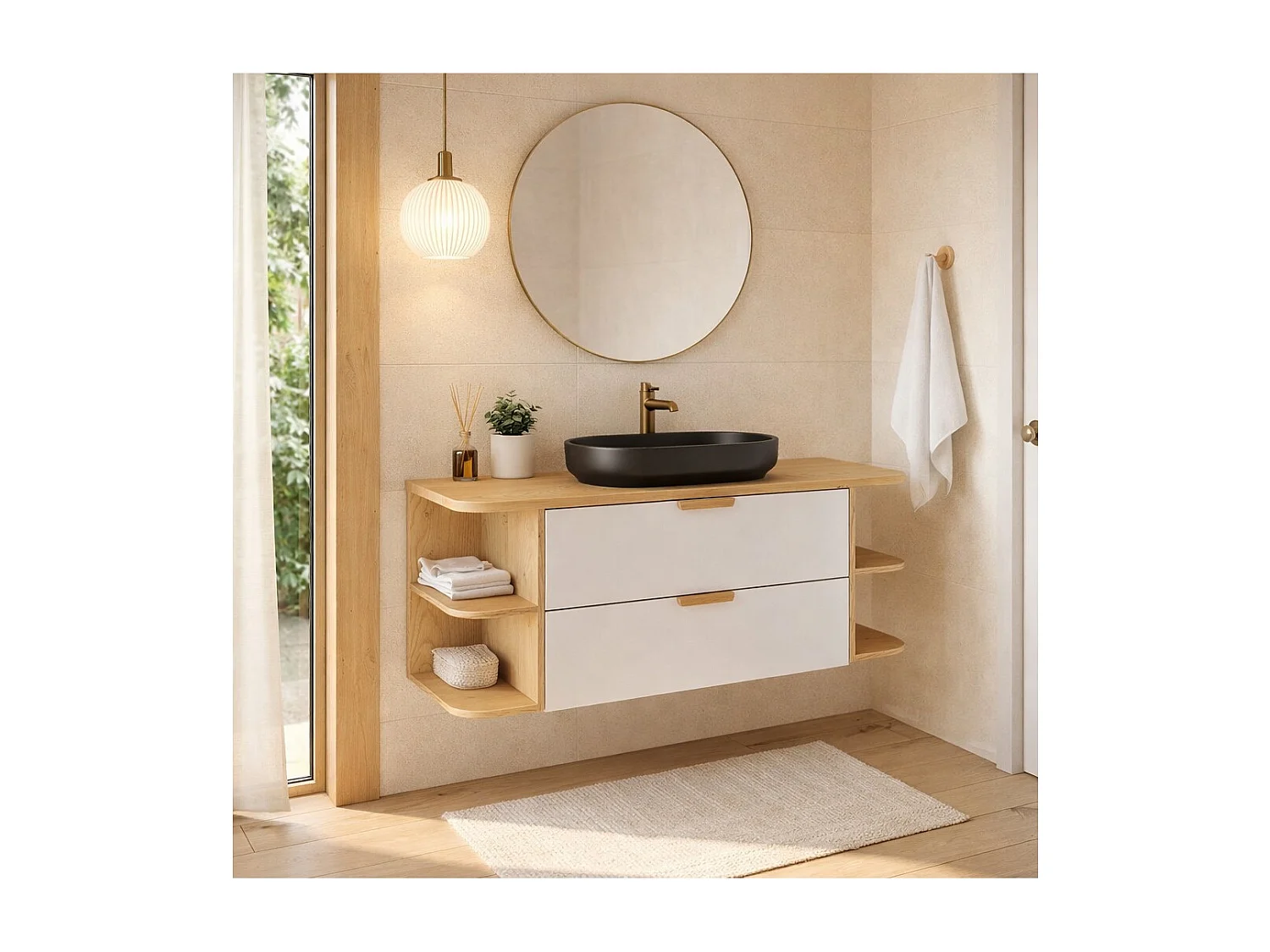 Conjunto OSTER 120cm: muebles bajo lavabo con cajones y nichos visibles + encimera para lavabo + lavabo sobre encimera negro ovalado