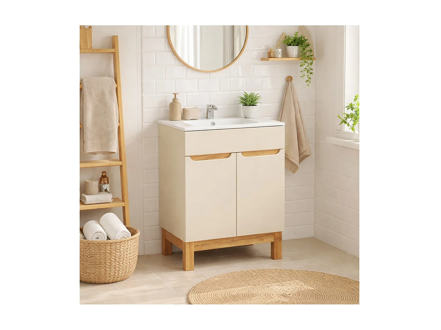 Badkamerset ERMANO kasjmier en eikenlook 60cm: onderkast + ingebouwde witte wastafel