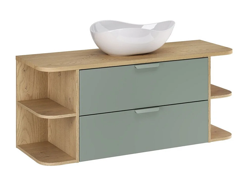 Conjunto OSTER 120cm: muebles bajo lavabo con cajones en verde salvia y nichos visibles + encimera para lavabo + lavabo sobre encimera blanco