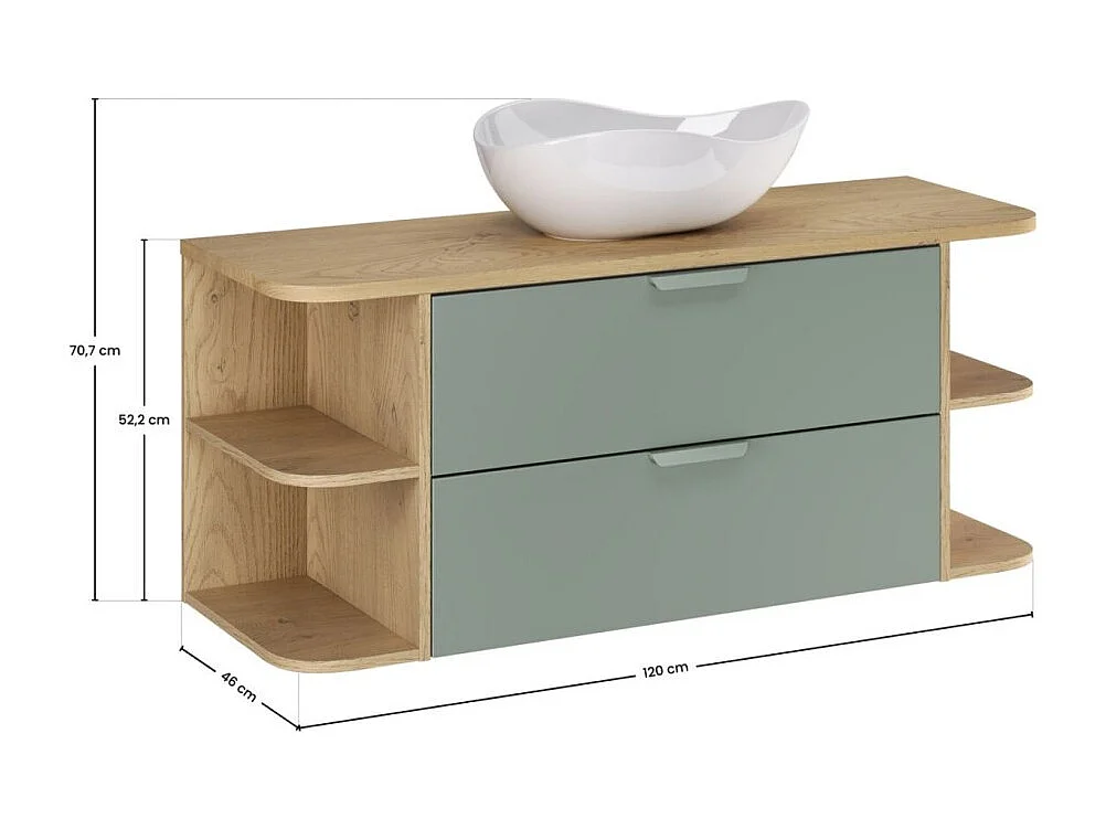 Conjunto OSTER 120cm: muebles bajo lavabo con cajones en verde salvia y nichos visibles + encimera para lavabo + lavabo sobre encimera blanco