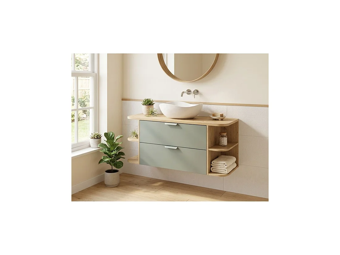 Conjunto OSTER 120cm: muebles bajo lavabo con cajones en verde salvia y nichos visibles + encimera para lavabo + lavabo sobre encimera blanco