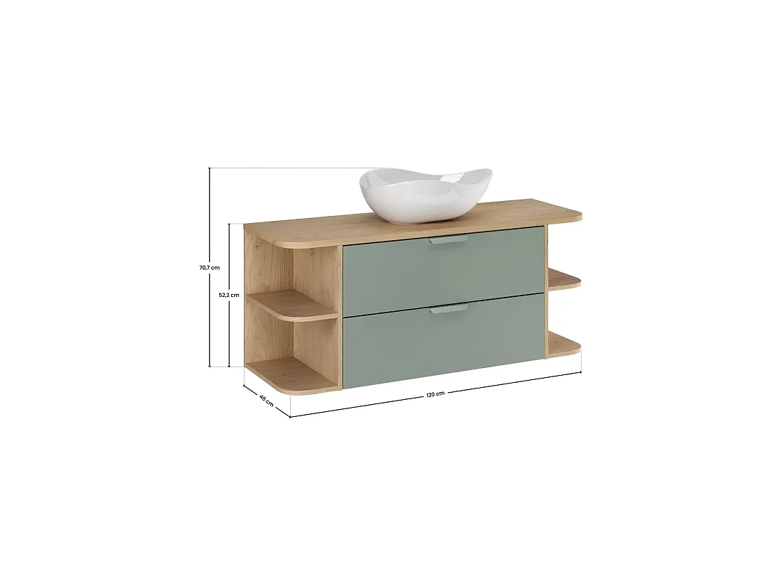 Conjunto OSTER 120cm: muebles bajo lavabo con cajones en verde salvia y nichos visibles + encimera para lavabo + lavabo sobre encimera blanco