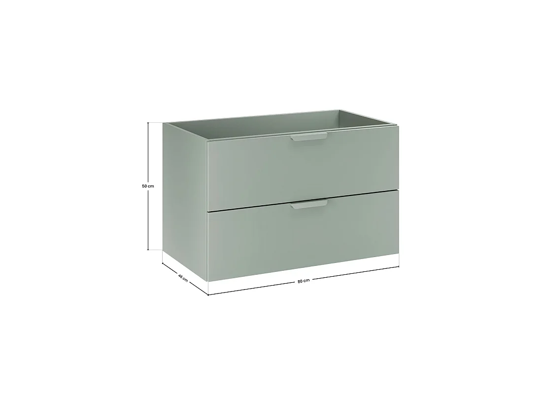 Conjunto OSTER 120cm: muebles bajo lavabo con cajones en verde salvia y nichos visibles + encimera para lavabo + lavabo sobre encimera blanco