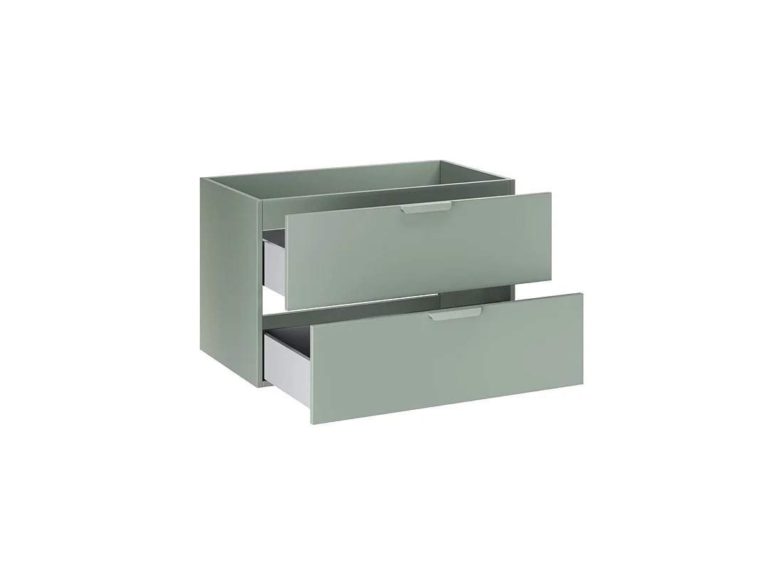 Conjunto OSTER 120cm: muebles bajo lavabo con cajones en verde salvia y nichos visibles + encimera para lavabo + lavabo sobre encimera blanco