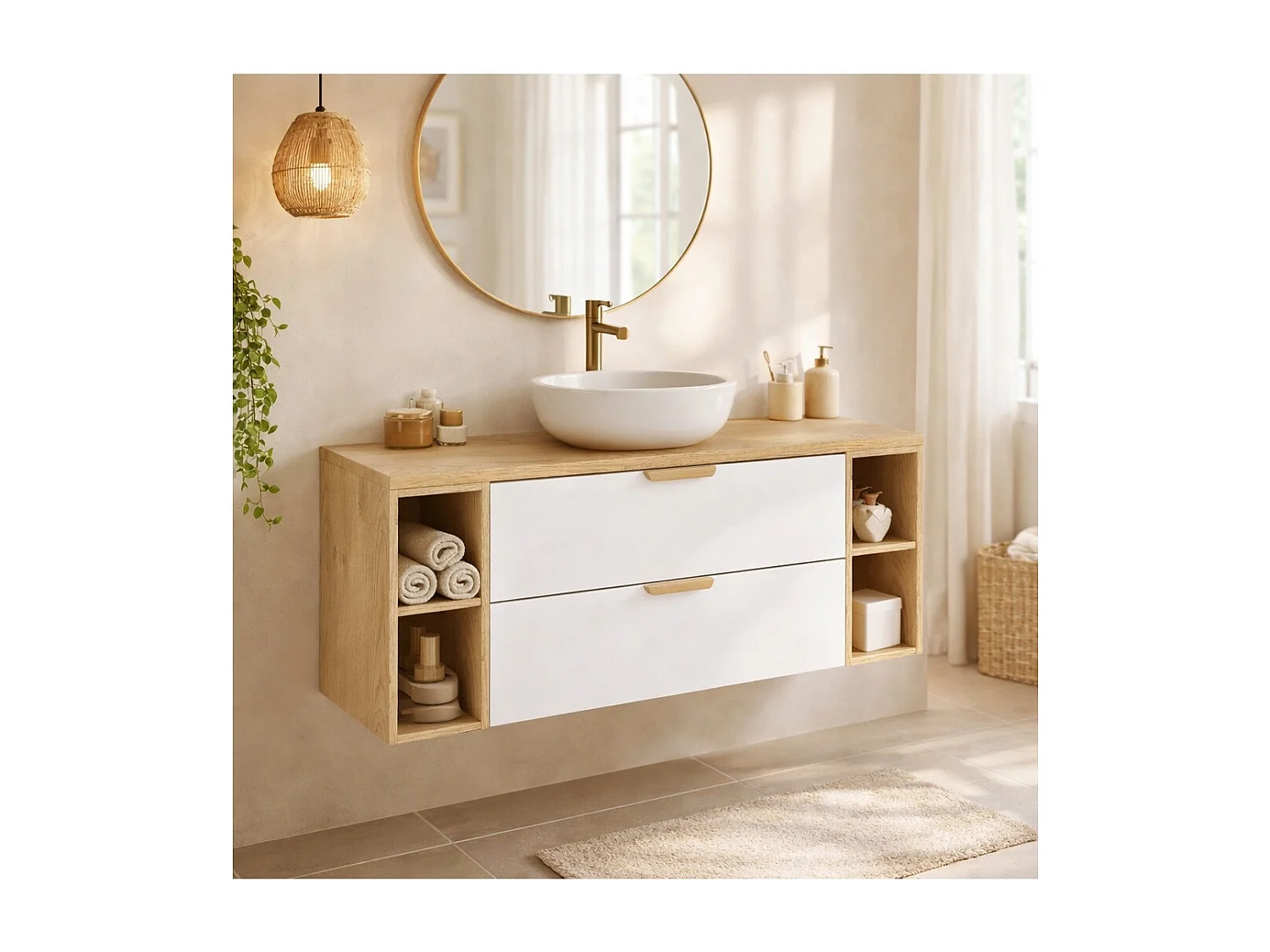 Wandhängendes Badezimmer-Set OSTER 120cm: Unterschrank mit weißen Schubladen und sichtbaren Fächern + Platte für Waschbecken