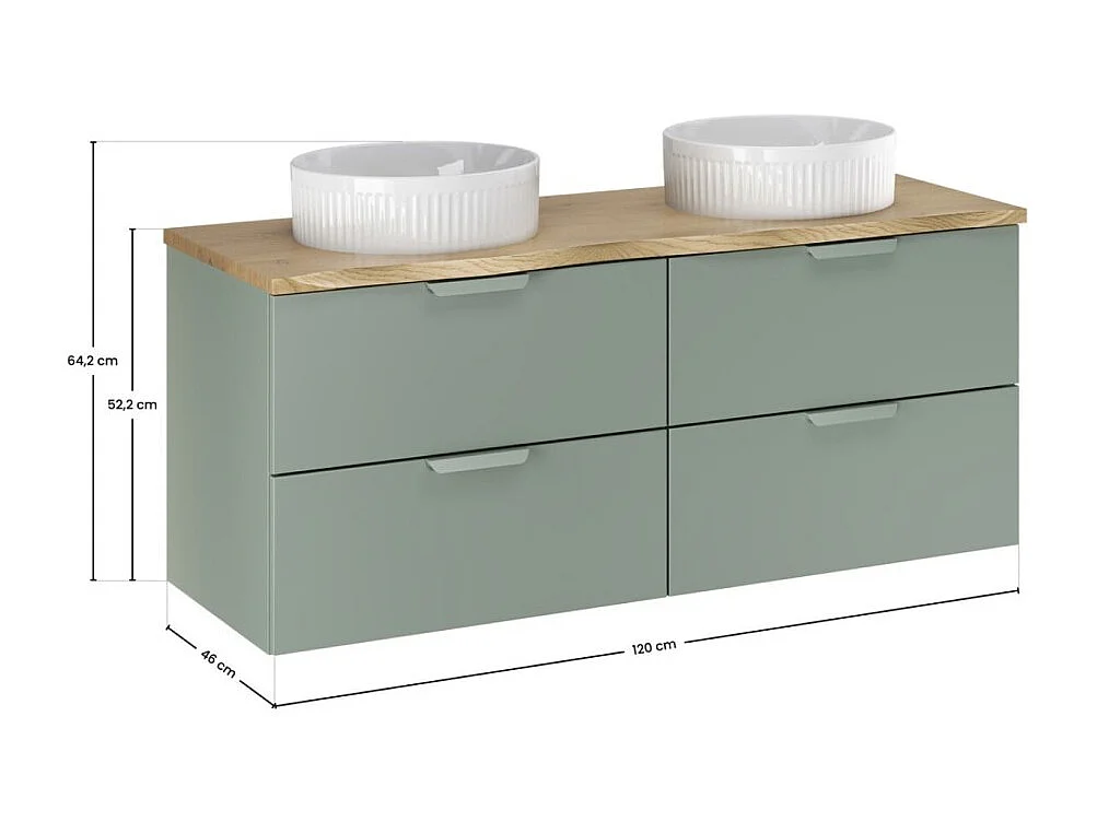 Geschorste badkamerset OSTER 60cm: saliegroene onderkast met laden + ingebouwde witte wastafel