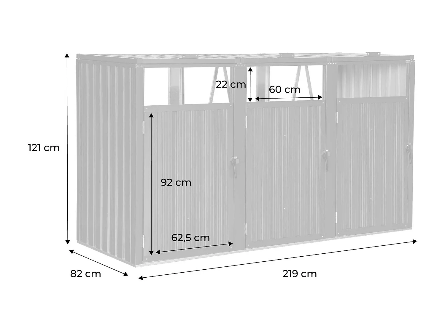 Cache poubelle gris en acier galvanisé. 3 places. L 219 x P 82 x H 124 cm