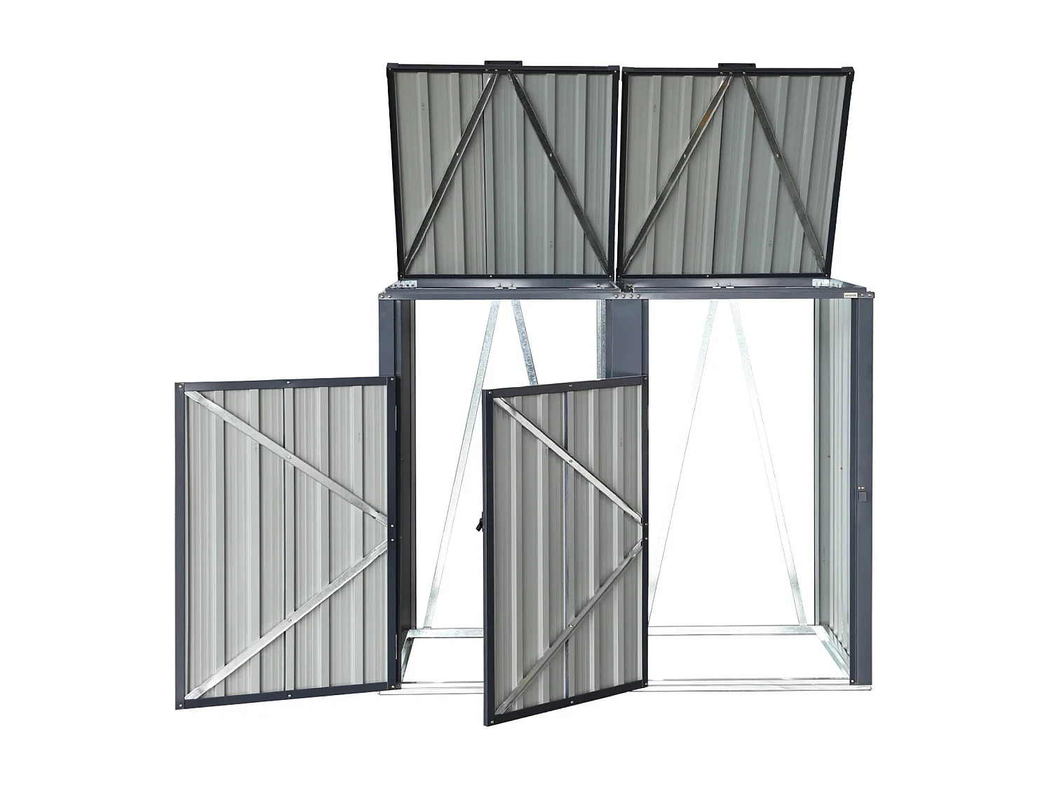 Cache poubelle gris en acier galvanisé. 2 places L 146 x P 82 x H 124 cm