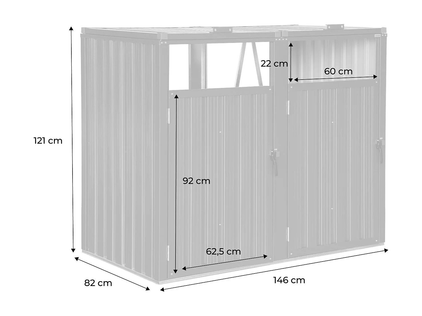 Cache poubelle gris en acier galvanisé. 2 places L 146 x P 82 x H 124 cm