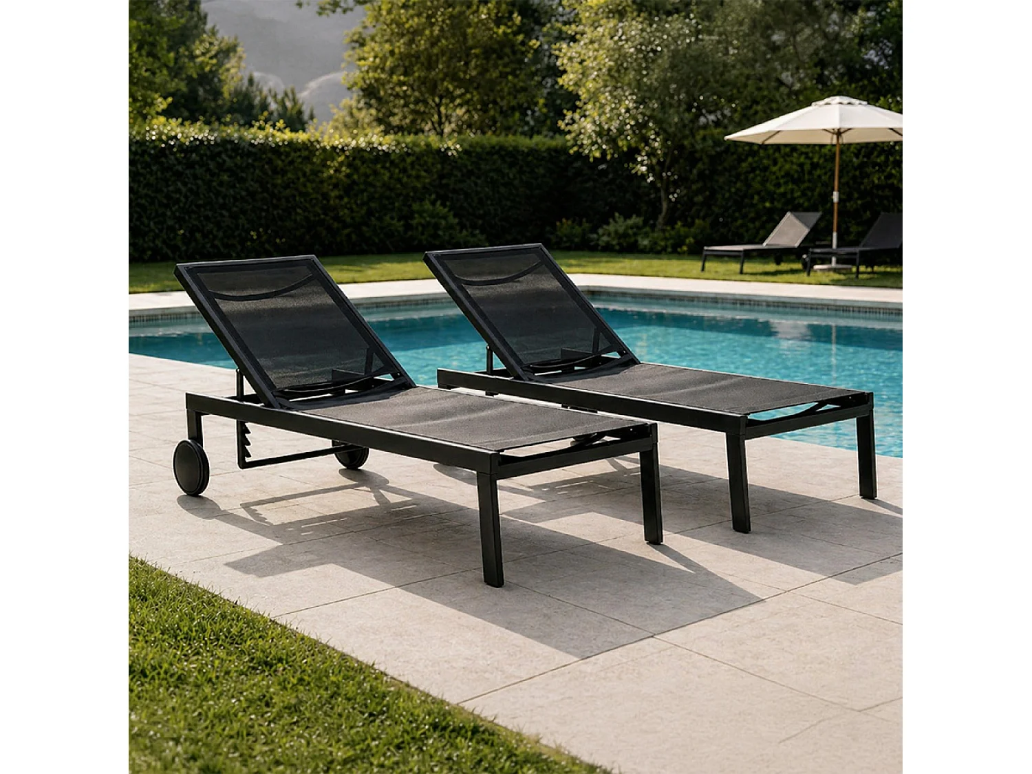Lot de 2 bains de soleil inclinables noir avec roues en aluminium CUBA