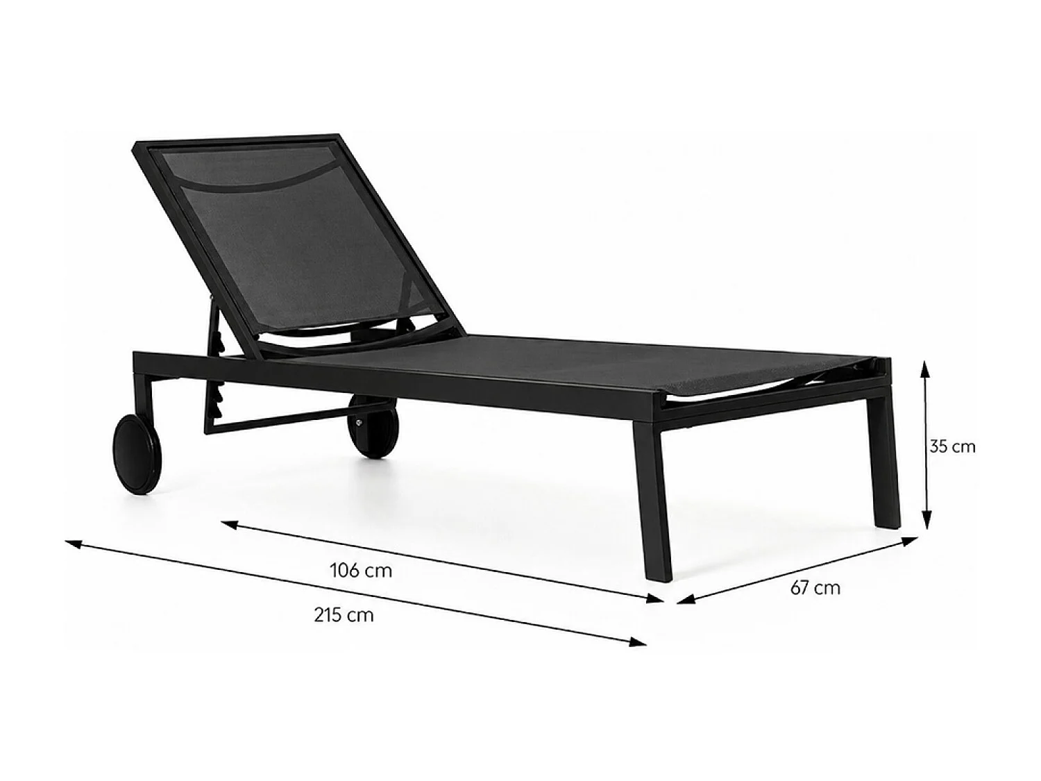 Lot de 2 bains de soleil inclinables noir avec roues en aluminium CUBA