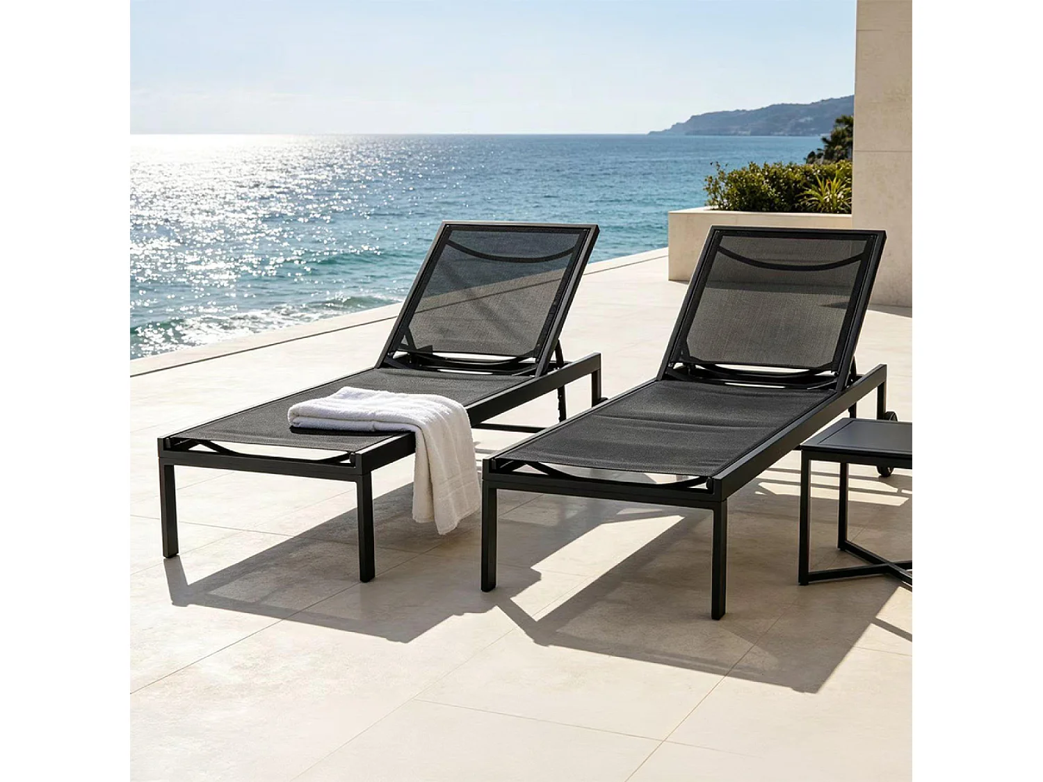 Lot de 2 bains de soleil inclinables noir avec roues en aluminium CUBA