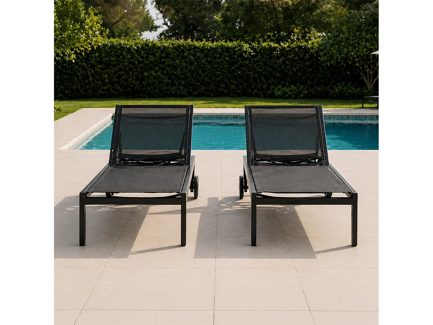 Lot de 2 bains de soleil inclinables noir avec roues en aluminium CUBA