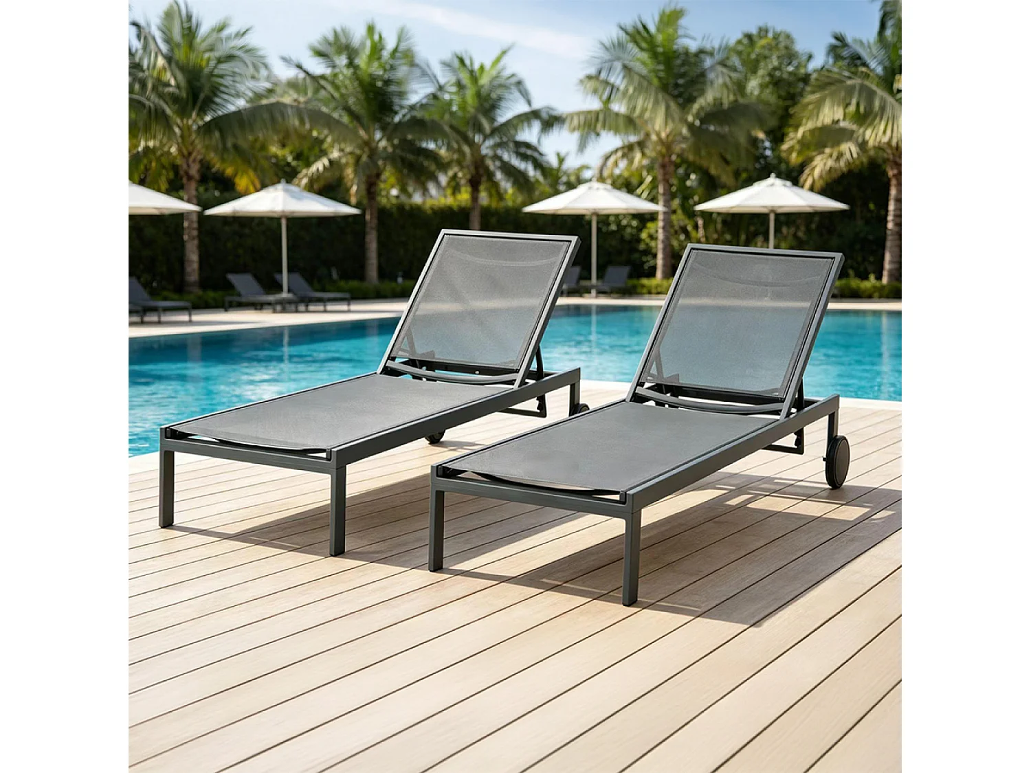 Lot de 2 bains de soleil inclinables gris foncé avec roues en aluminium CUBA