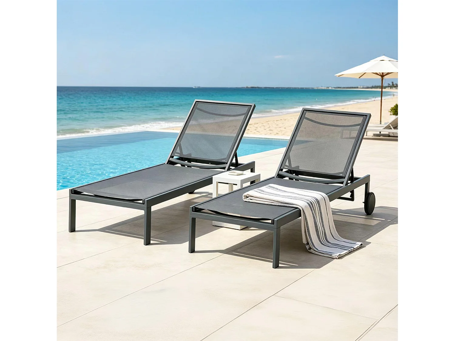 Lot de 2 bains de soleil inclinables gris foncé avec roues en aluminium CUBA