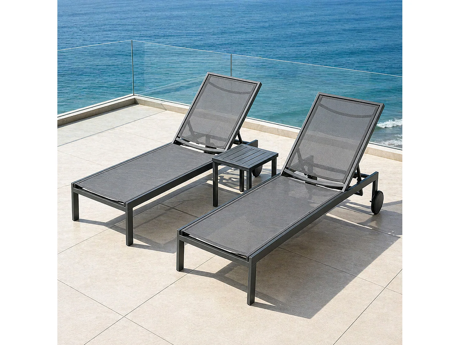 Lot de 2 bains de soleil inclinables gris foncé avec roues en aluminium CUBA