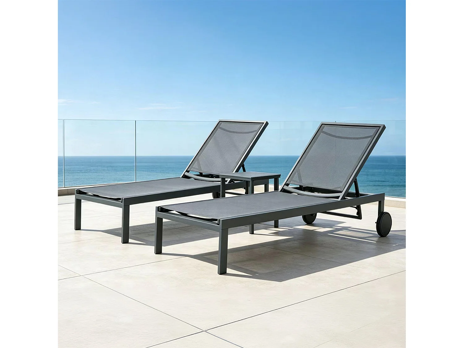 Lot de 2 bains de soleil inclinables gris foncé avec roues en aluminium CUBA