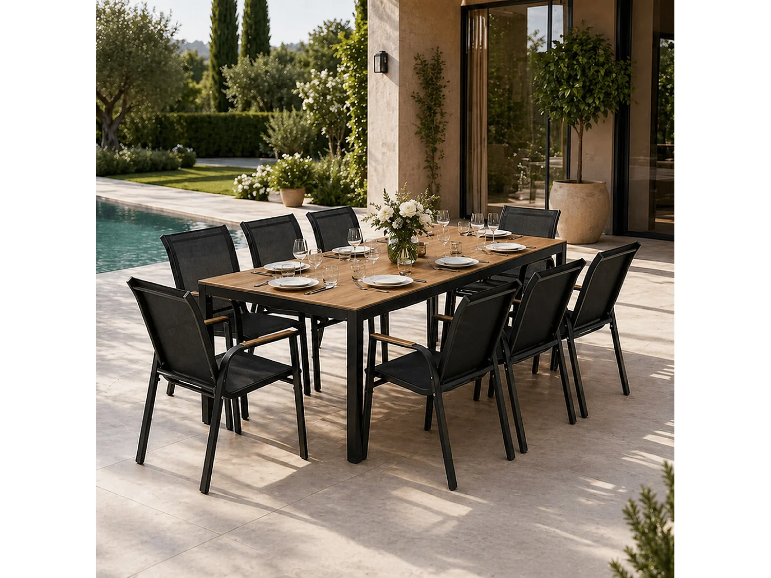 Salon de jardin 8 places avec table 190cm effet bois ESPERANCE