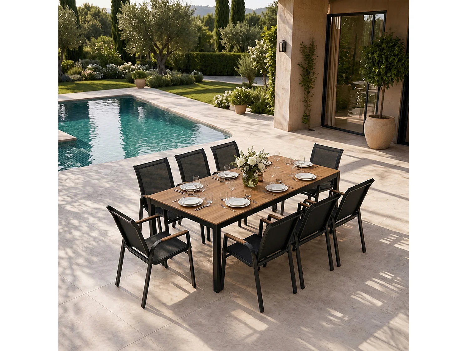 Salon de jardin 8 places avec table 190cm effet bois ESPERANCE