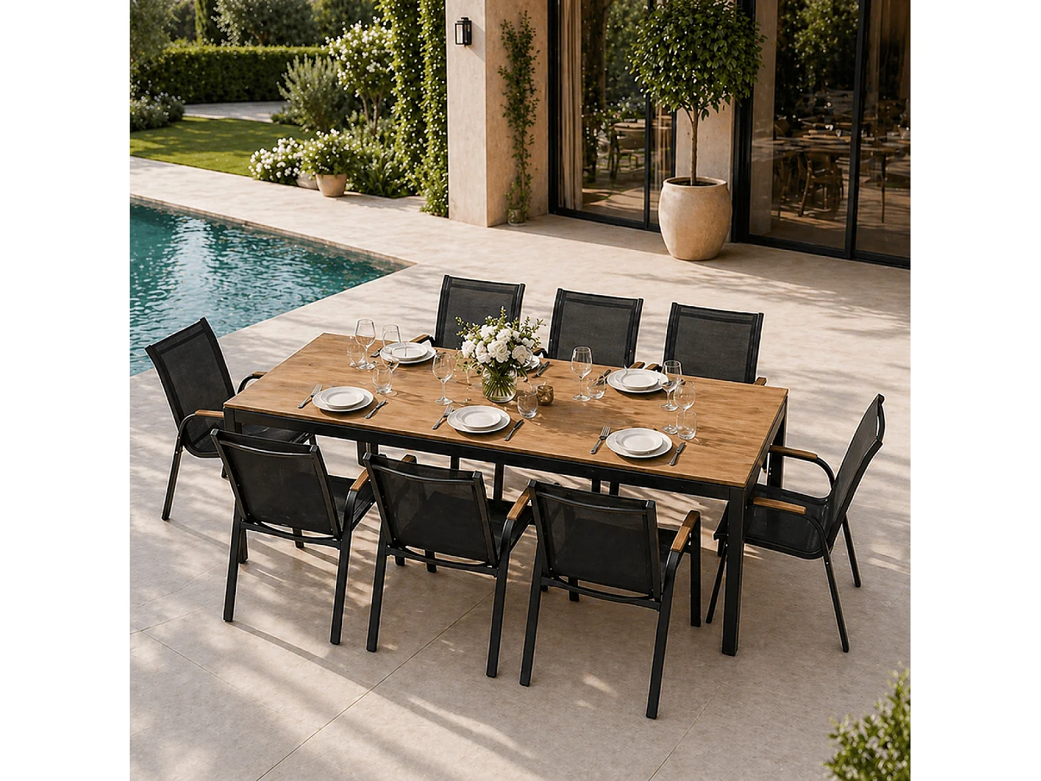 Salon de jardin 8 places avec table 190cm effet bois ESPERANCE