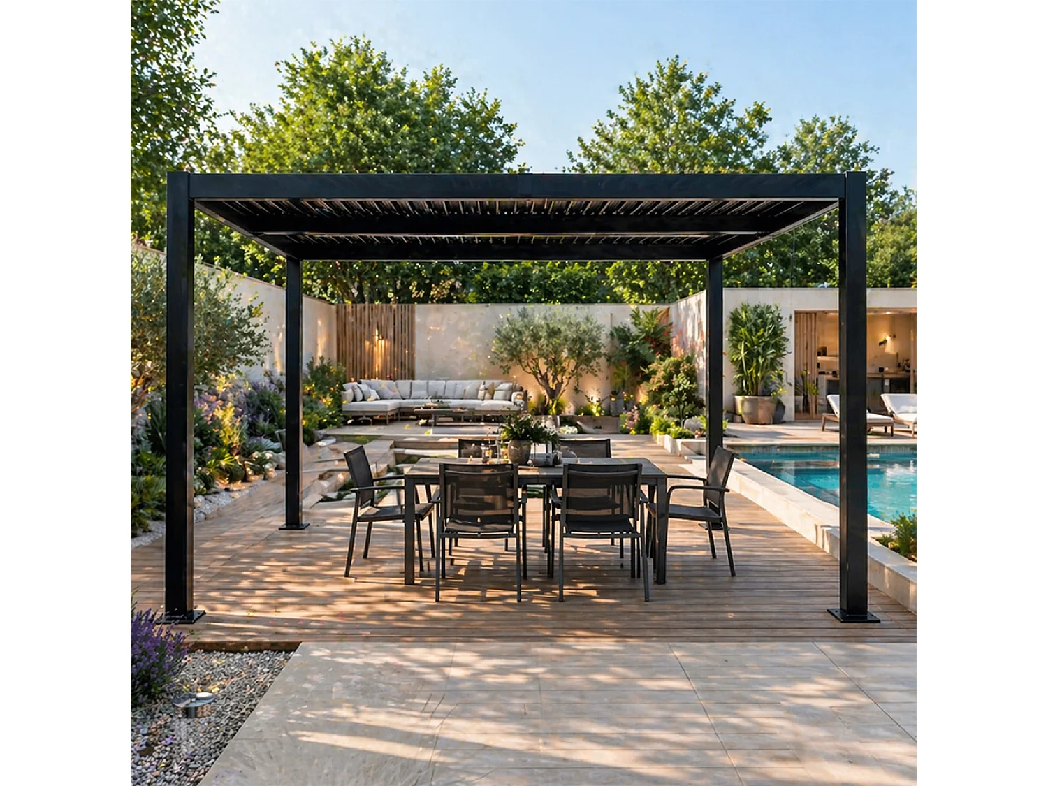 Pergola bioclimatique structure et lames orientables en aluminium noir 4x3m RHODES