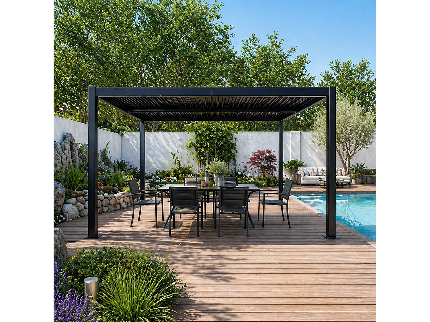 Pergola bioclimatique structure et lames orientables en aluminium noir 4x3m RHODES