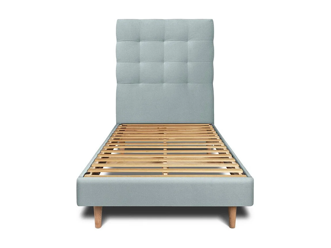 Lit 90x200cm avec tête de lit capitonnée velours et sommier kit Gris bleuté - Hauteur totale : 29cm