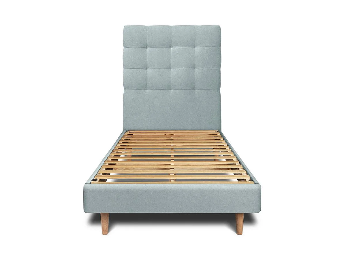 Lit 90x200cm avec tête de lit capitonnée velours et sommier kit Gris bleuté - Hauteur totale : 29cm