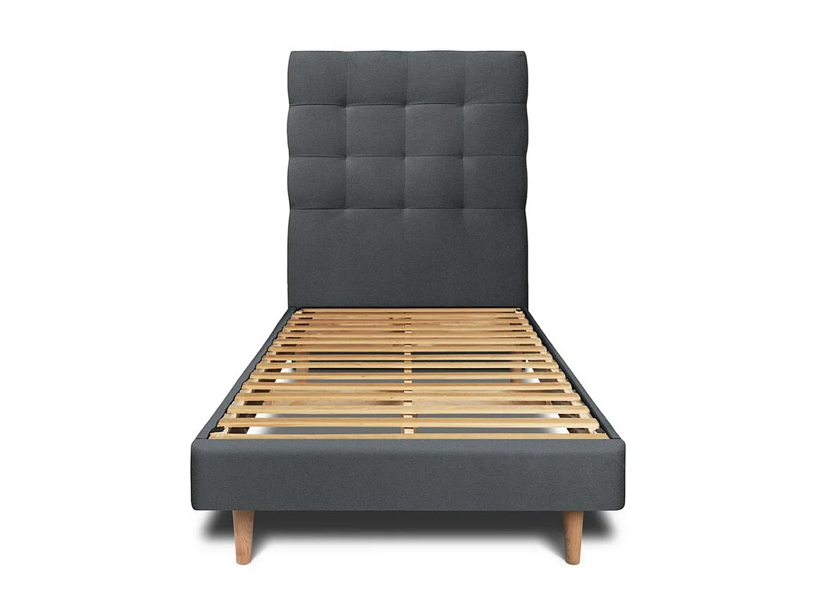Lit 90x200cm avec tête de lit capitonnée velours et sommier kit gris anthracite - Hauteur totale : 29cm
