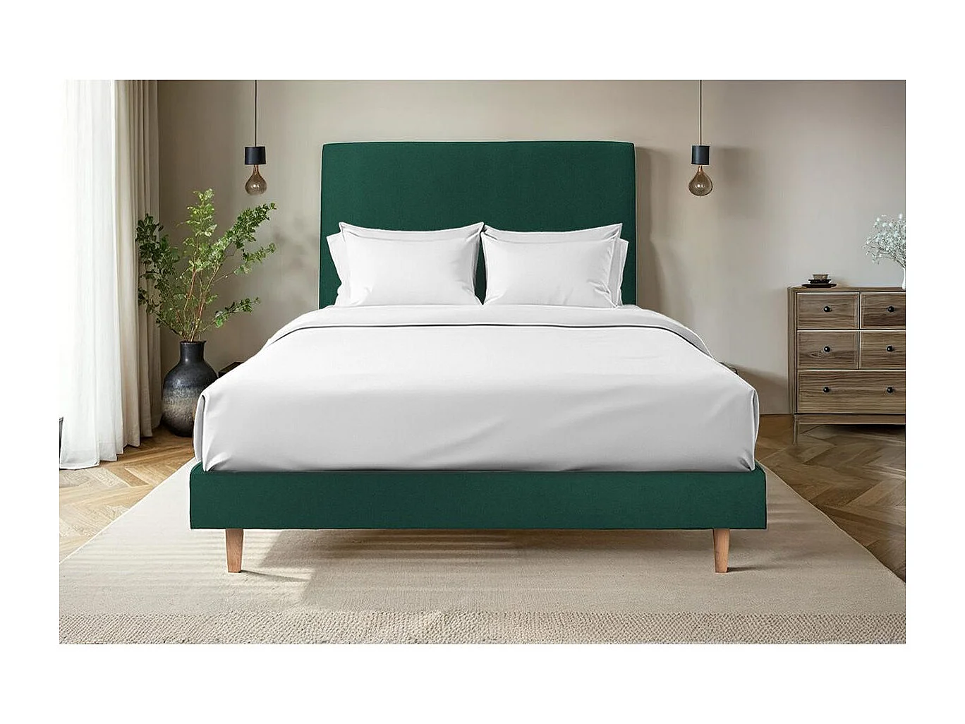 Lit 160x200cm avec tête de lit tapissier velours et sommier tapissier vert - Hauteur totale : 29cm