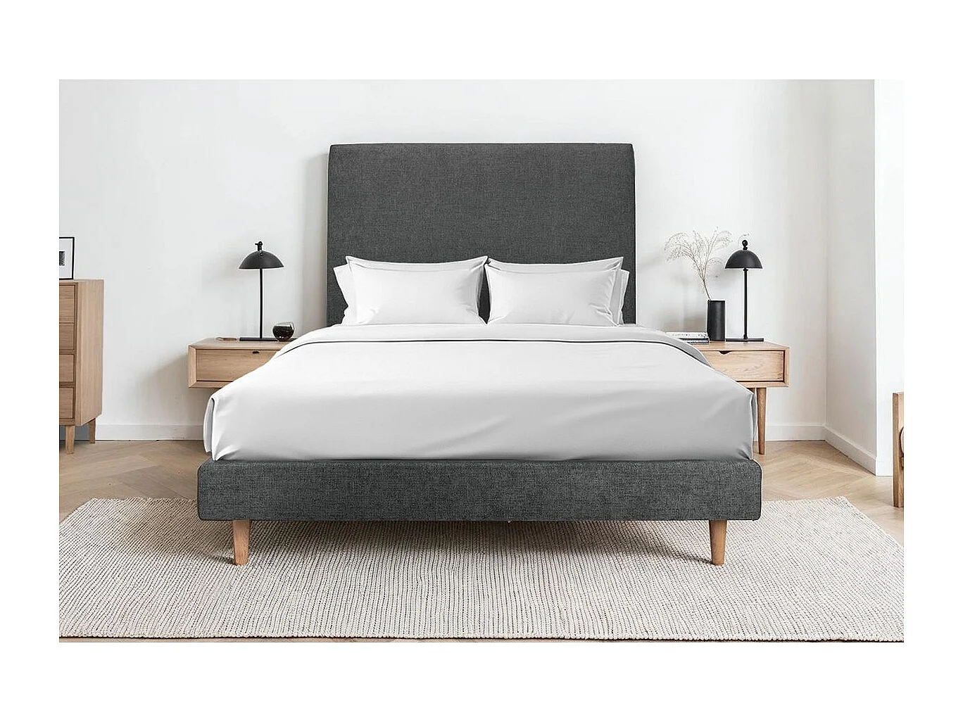 Lit 160x200cm avec tête de lit tapissier velours et sommier tapissier gris anthracite - Hauteur totale : 29cm
