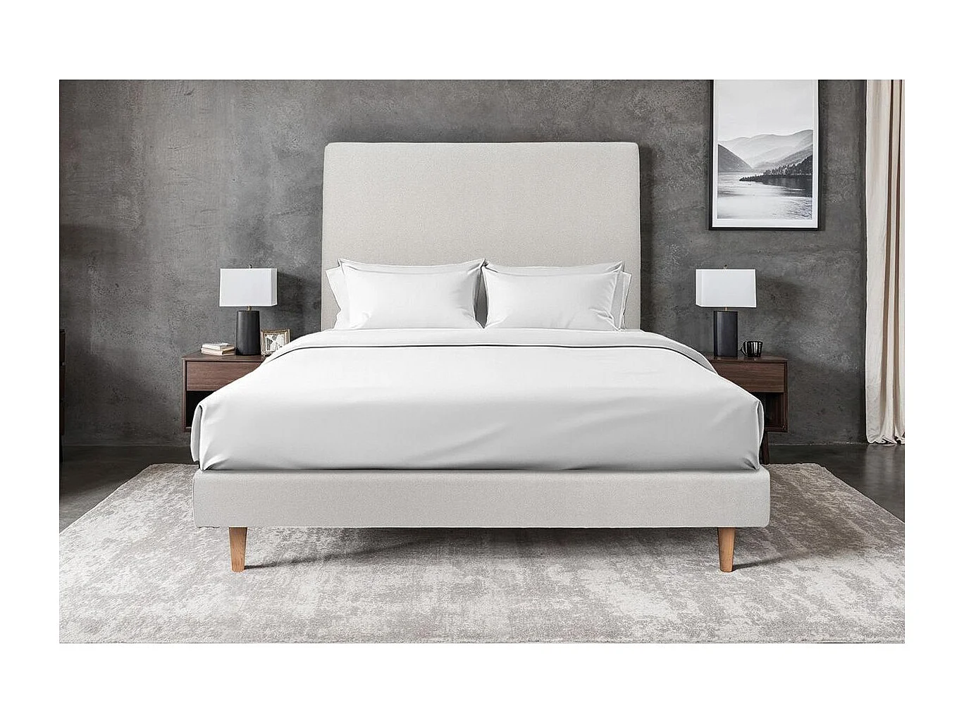 Lit 160x200cm avec tête de lit tapissier velours et sommier tapissier gris clair - Hauteur totale : 29cm