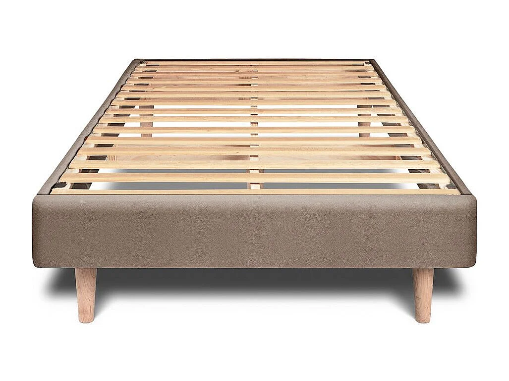 Lit 90x200cm avec tête de lit capitonnée velours et sommier kit taupe - Hauteur totale : 29cm