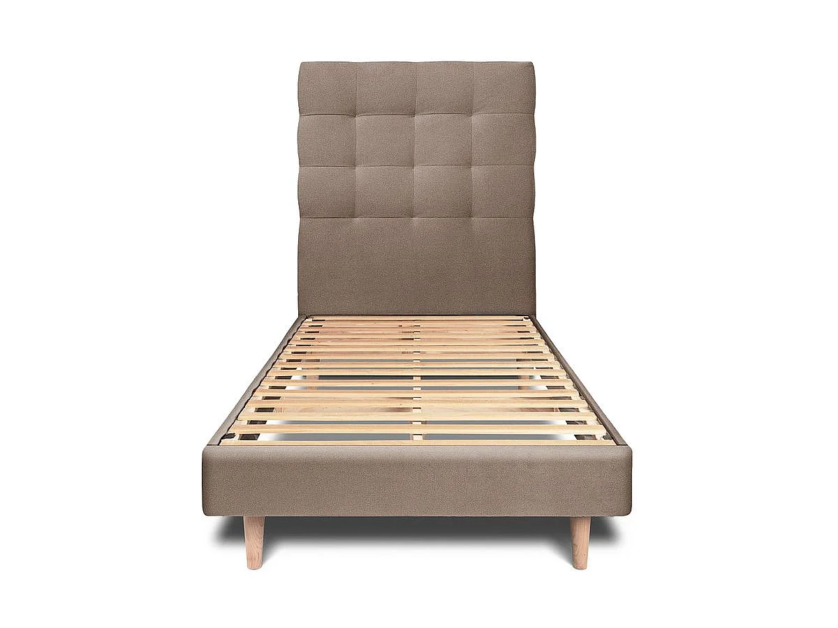 Lit 90x200cm avec tête de lit capitonnée velours et sommier kit taupe - Hauteur totale : 29cm