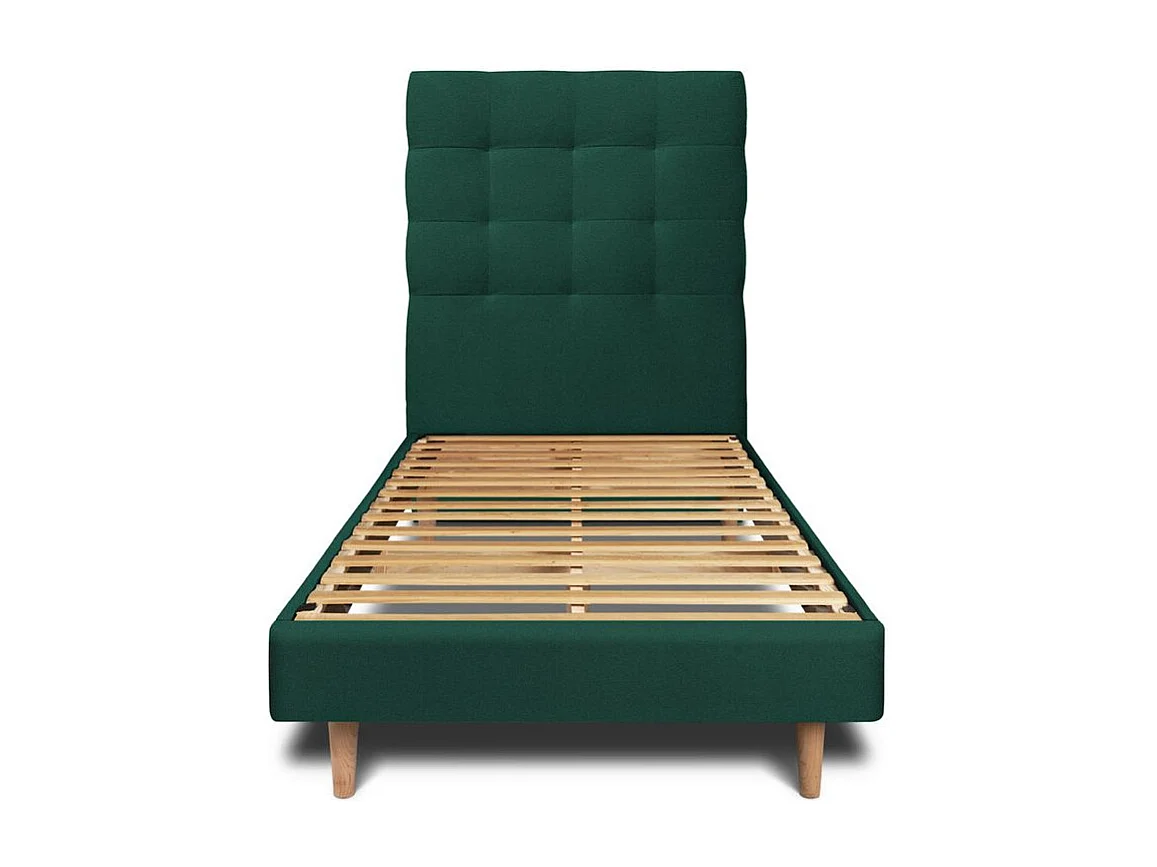 Lit 90x200cm avec tête de lit capitonnée velours et sommier kit vert - Hauteur totale : 29cm
