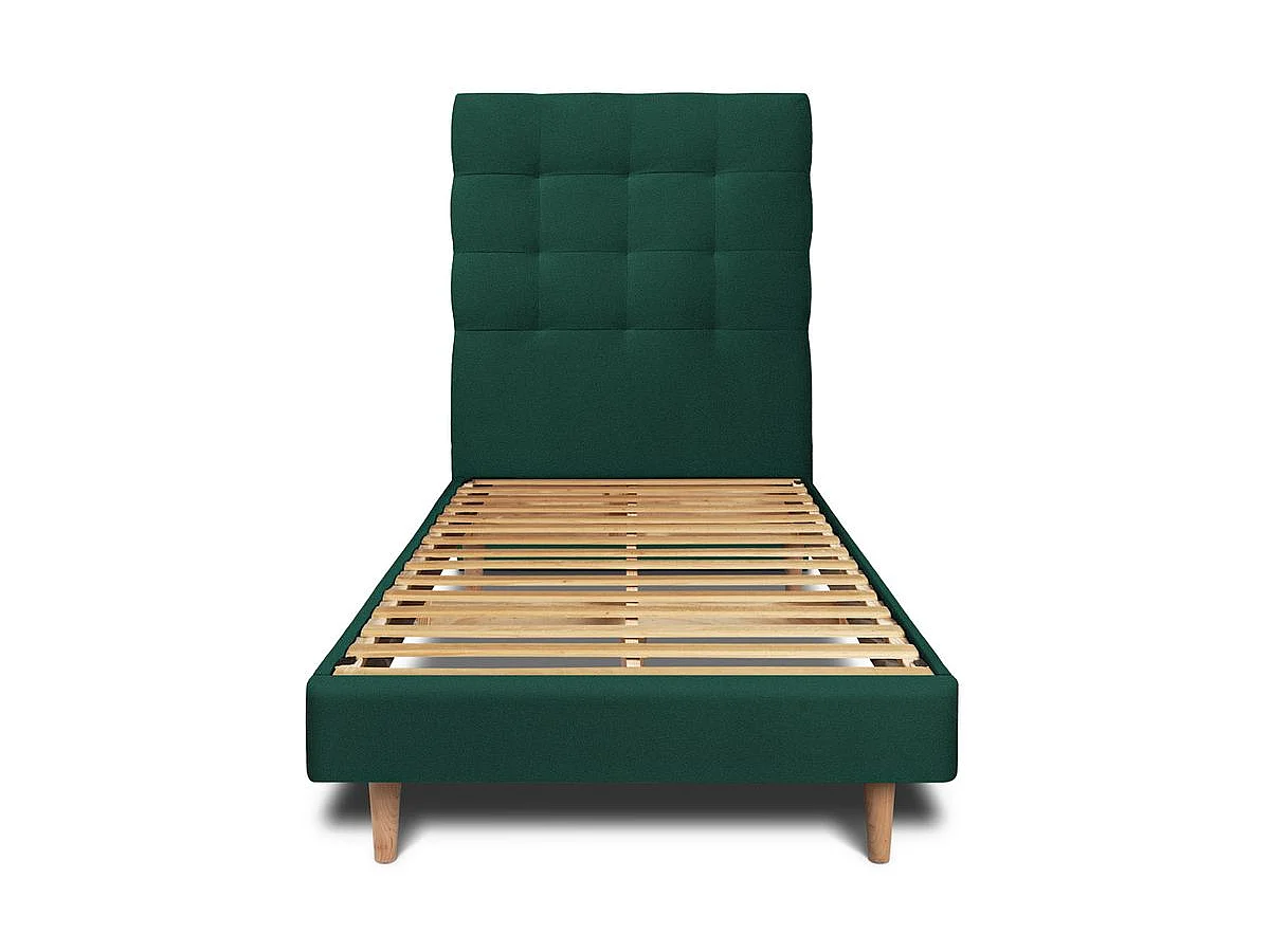 Lit 90x200cm avec tête de lit capitonnée velours et sommier kit vert - Hauteur totale : 29cm